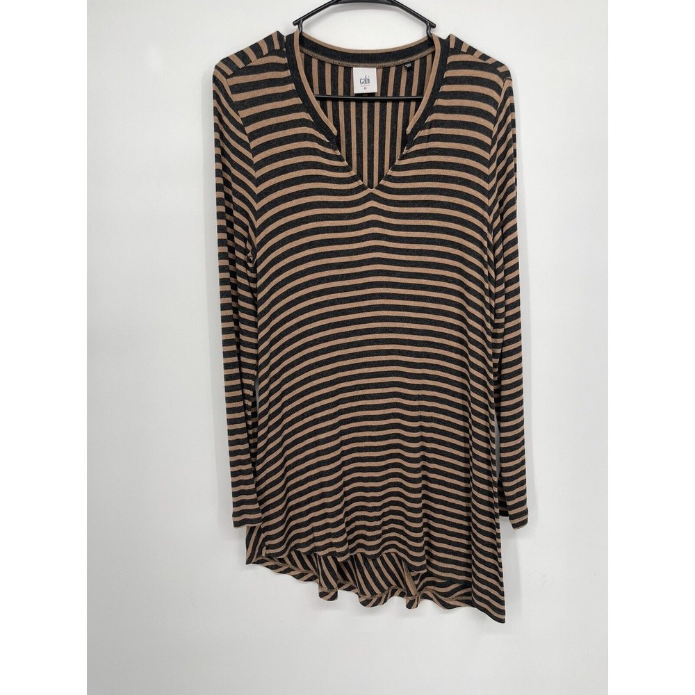 Cabi M Tunic Top Women Brown Black Striped Notch V-Neck Asymmetrical 3629
